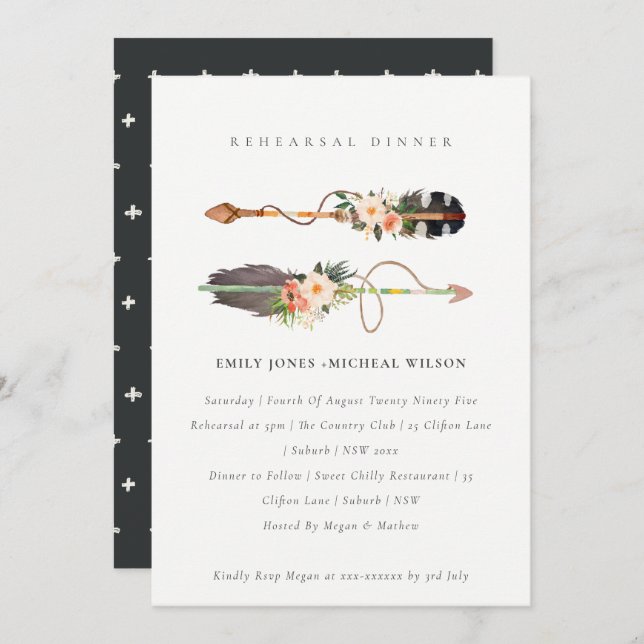 Boho Feather Floral Arrow Rehearsal Dinner Invite (Front/Back)