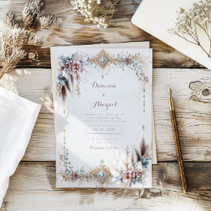 Boho Feather Floral Gold Jewel Frame Wedding Invitation