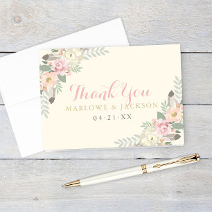 Boho Feather Floral Monogram Wedding Thank You Card