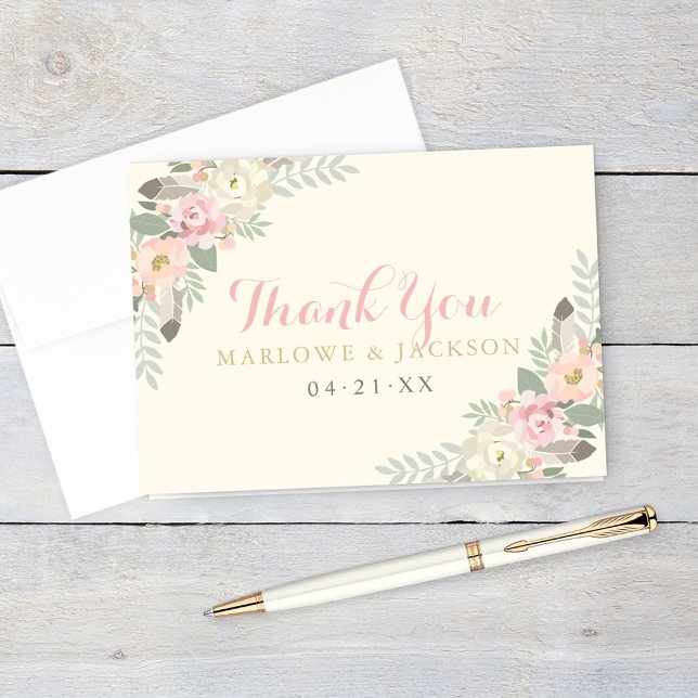 Boho Feather Floral Monogram Wedding Thank You Card (Creator Uploaded)