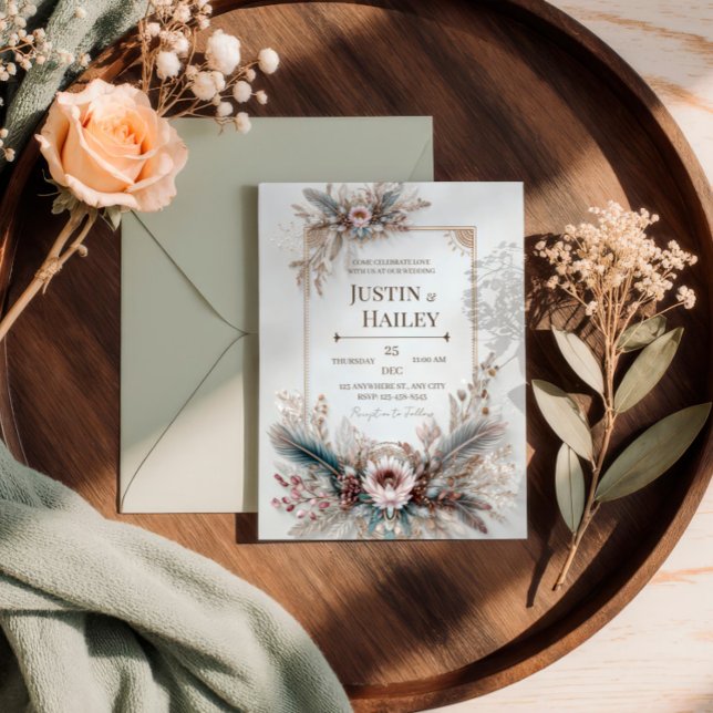 Boho Feather Floral Pink Gold Frame Wedding Invitation (Creator Uploaded)