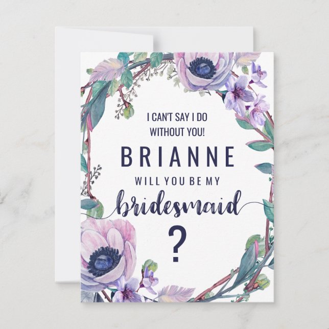 Boho Feather & Floral Will You Be My Bridesmaid Invitation (Front)