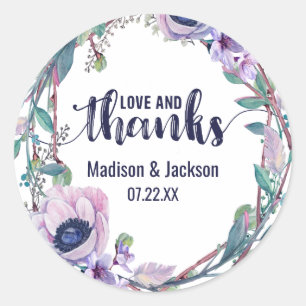 Boho Feather & Floral Wreath Wedding Favour Classic Round Sticker