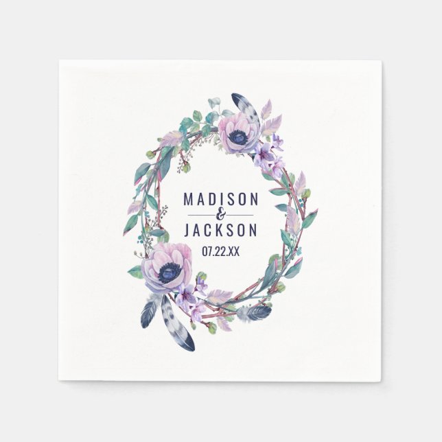 Boho Feather & Floral Wreath Wedding Monogram Napkin (Front)