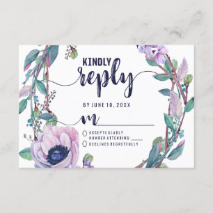 Boho Feather & Floral Wreath Wedding Reply RSVP Card