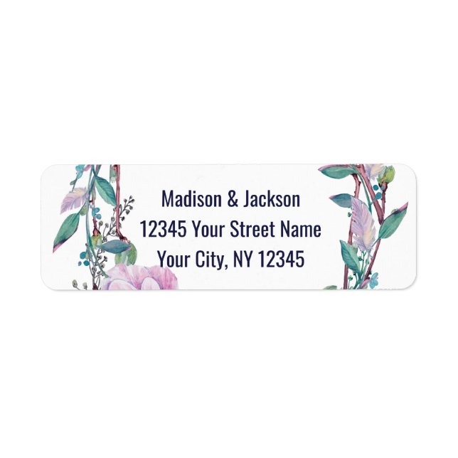 Boho Feather Floral Wreath Wedding Return Address Return Address Label (Front)