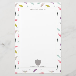 Boho Feather Gray Apple Teacher Stationery
