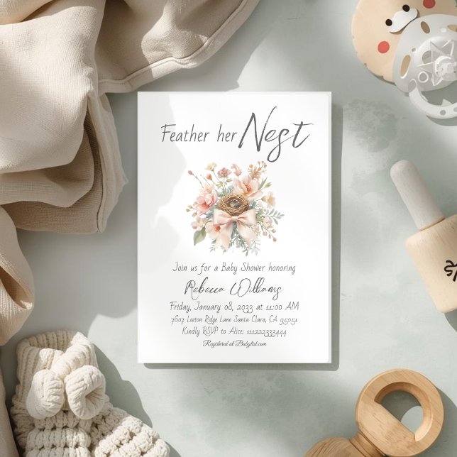 Boho Feather Her Nest Bow Baby Shower Invitation (Creator Uploaded)