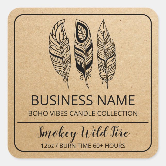 Boho Feather Kraft Paper Soy Candle Product Labels (Front)