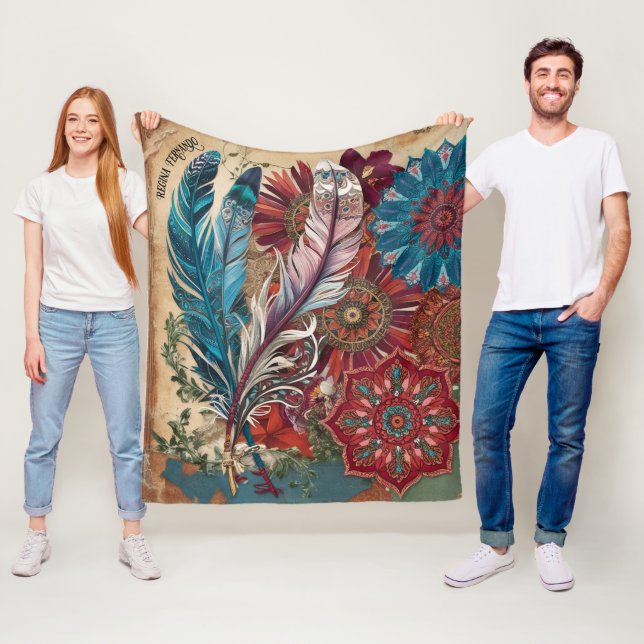 Boho Feather Mandala - Rustic Charm Fleece Blanket (In Situ)