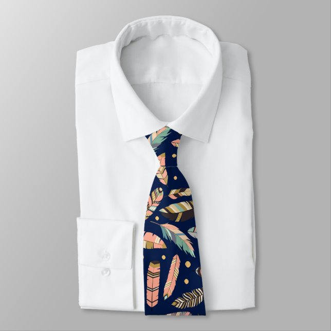 Boho Feather Pattern on Navy Blue Tie (Tied)