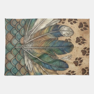 Boho Feather & Paw Prints Earthy Animal spiritual Tea Towel