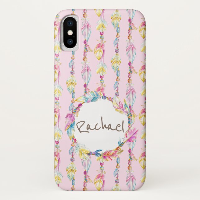 Boho feather watercolor art name pink case (Back)