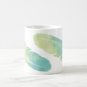 Boho Feather Watercolor Green and Blue Coffee Mug