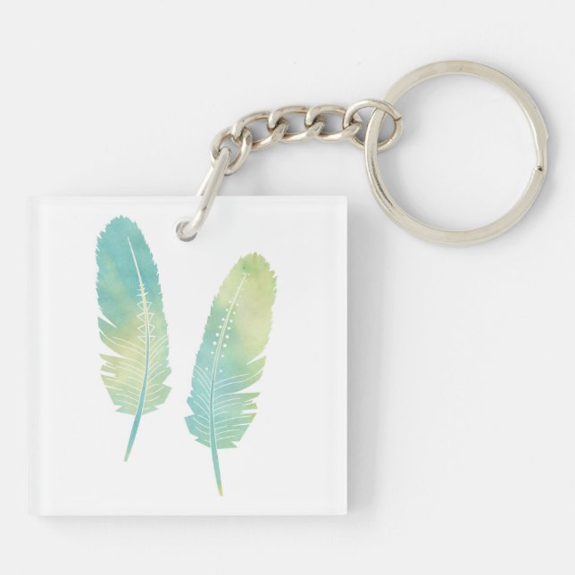Boho Feather Watercolor Green and Blue Key Ring (Back)