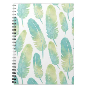 Boho Feather Watercolor Green and Blue Pattern Notebook