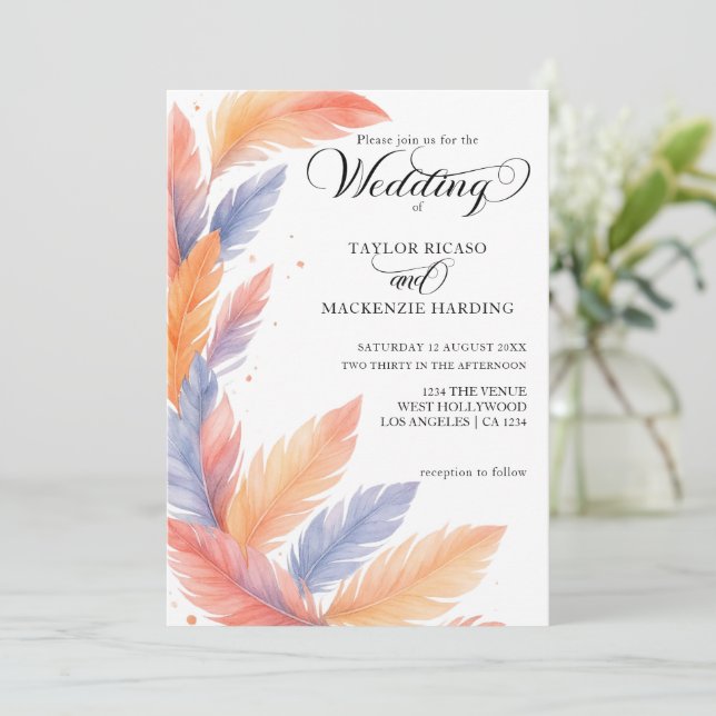 Boho feathers and elegant script photo wedding invitation (Standing Front)