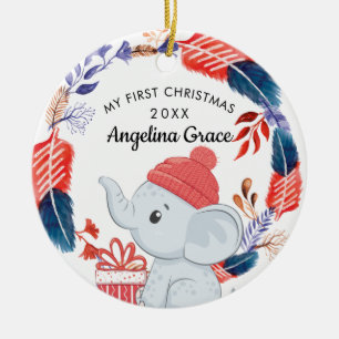 Boho Feathers and Elephant Baby's 1st Christmas Ceramic Ornament