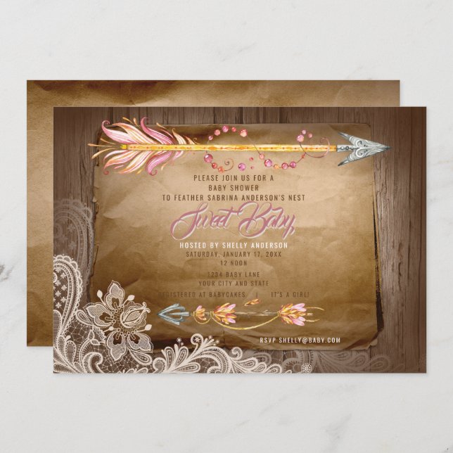 BOHO Feathers and Lace It's a Girl Baby Shower Invitation (Front/Back)
