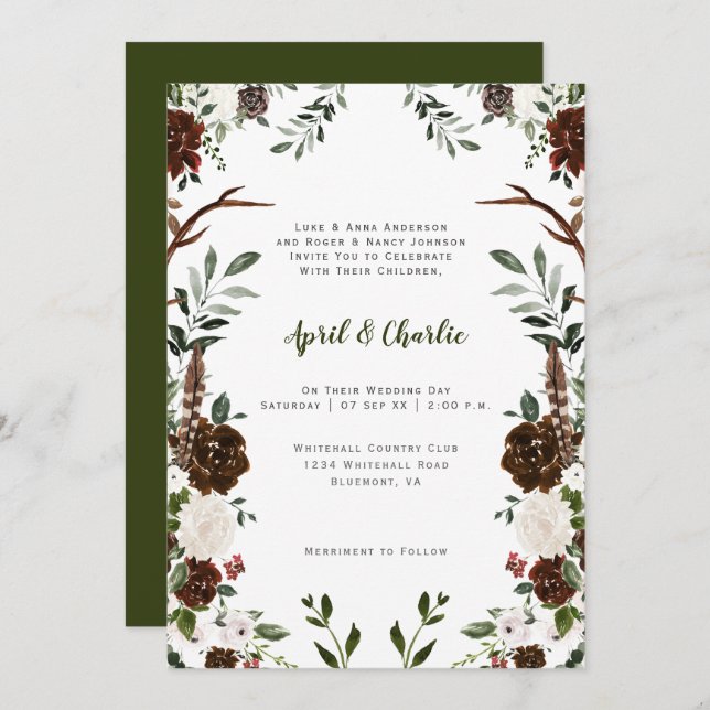 Boho Feathers Antlers Flowers Botanicals Frame Invitation (Front/Back)