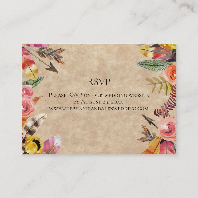 Boho Feathers Arrows Flowers Rustic Wedding Business Card (Front)