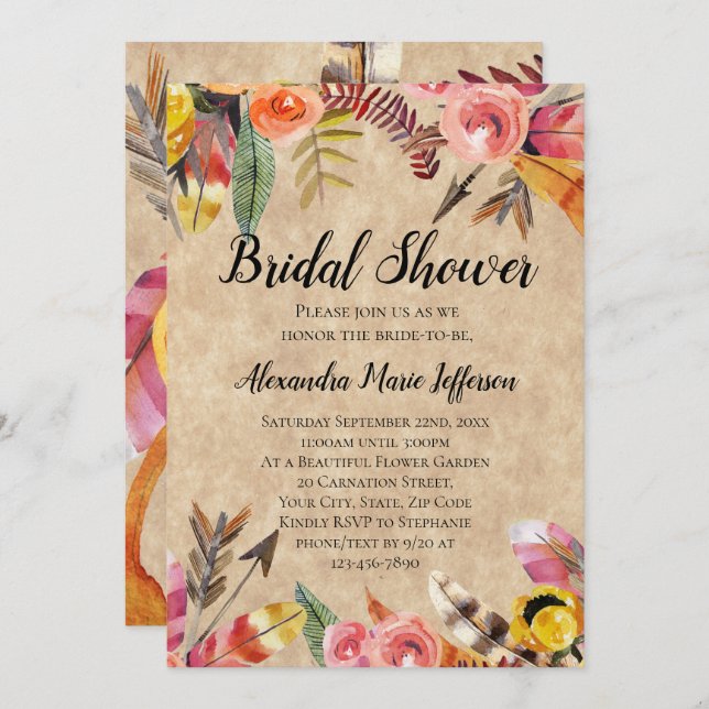 Boho Feathers Arrows Flowers Rustic Wedding Invitation (Front/Back)