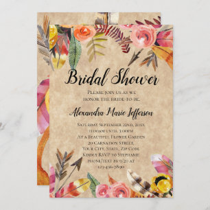 Boho Feathers Arrows Flowers Rustic Wedding Invitation