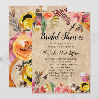 Boho Feathers Arrows Flowers Rustic Wedding Invitation