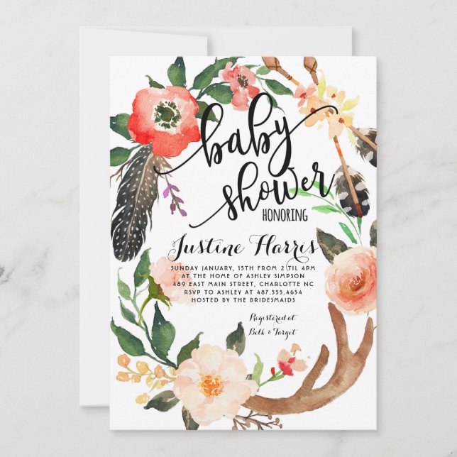 Boho feathers Baby Shower Invitation (Front)