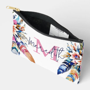 Boho feathers border personalised accessory pouch