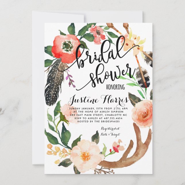 Boho feathers Bridal Shower Invitation (Front)