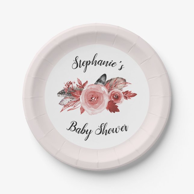 Boho Feathers Burgundy Blush Baby Shower Paper Plate (Front)