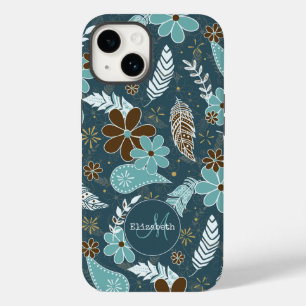 Boho feathers doodle flowers teal turquoise brown Case-Mate iPhone 14 case