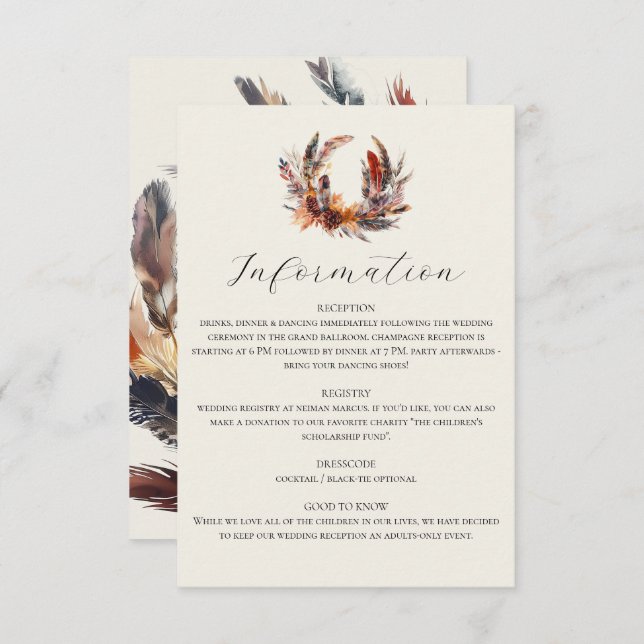 Boho Feathers Fall Wreath Calligraphy Wedding Enclosure Card (Front/Back)