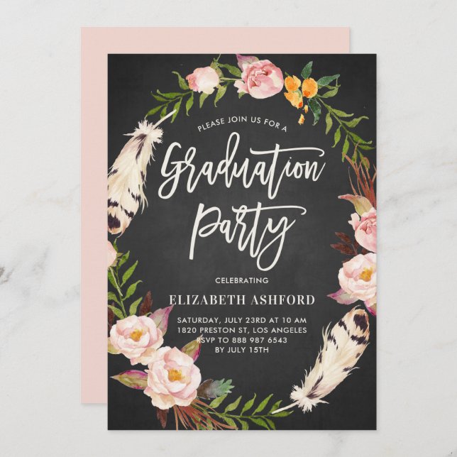 Boho Feathers Floral Wreath Chalkboard Graduation Invitation (Front/Back)