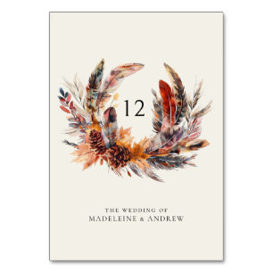 Boho Feathers Floral Wreath Fall Wedding Table Number