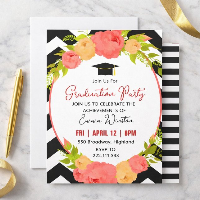 Boho Feathers & Floral Wreath Graduation Party Invitation (Creator Uploaded)