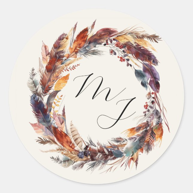 Boho Feathers Floral Wreath Monogram Wedding Classic Round Sticker (Front)