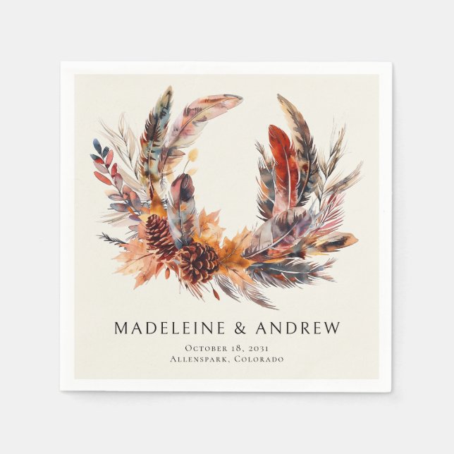 Boho Feathers Floral Wreath Monogram Wedding Napkin (Front)
