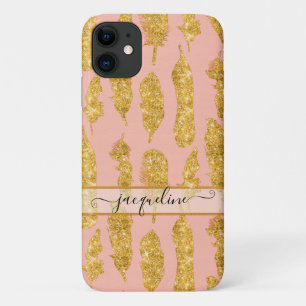 Boho Feathers Gold Glitter Blush Pink Script Name iPhone 11 Case