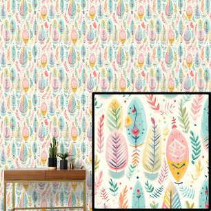 Boho Feathers Leaves Pastel Colors Wallpaper