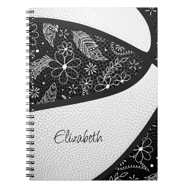 Boho feathers paislies black white basketball notebook (Front)