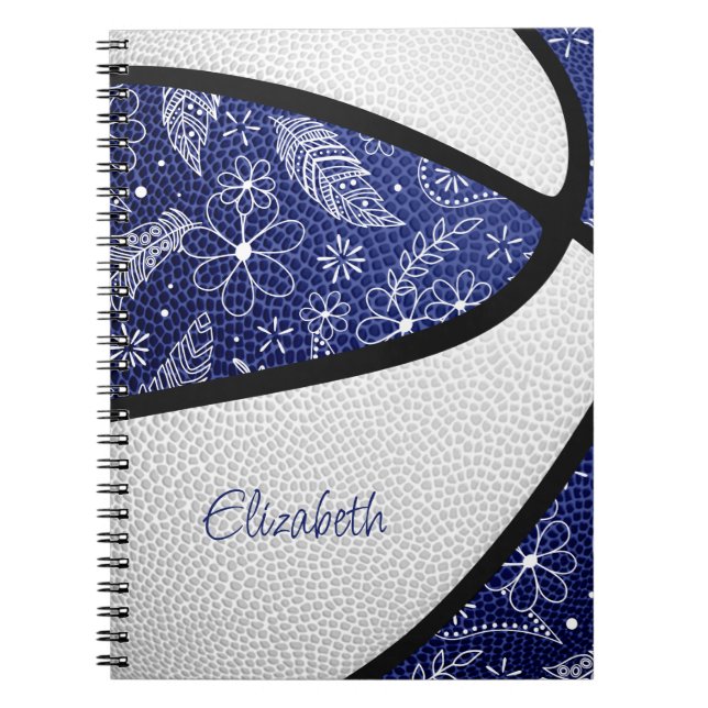 Boho feathers paislies blue white basketball notebook (Front)