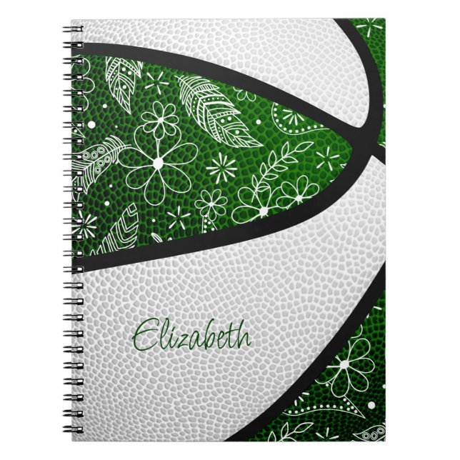 Boho feathers paislies green white basketball notebook (Front)