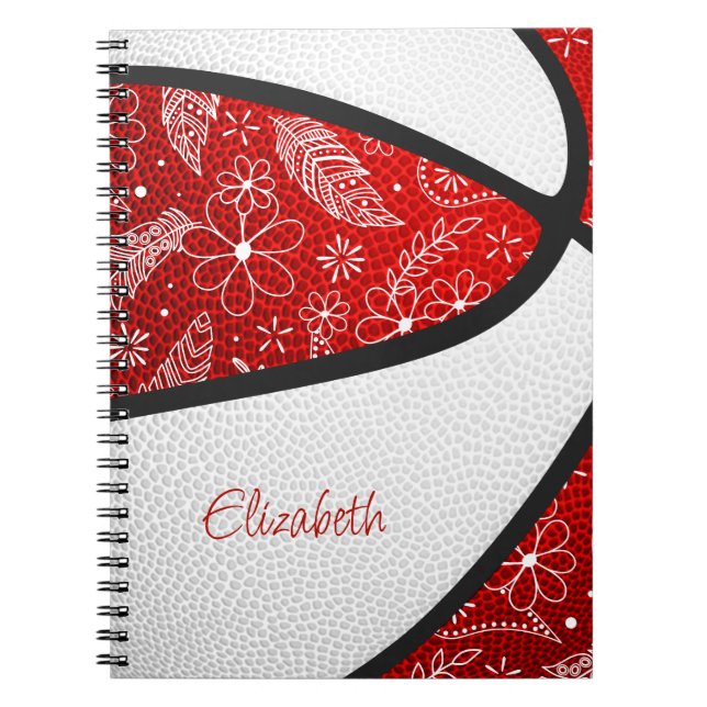 Boho feathers paislies red white basketball notebook (Front)