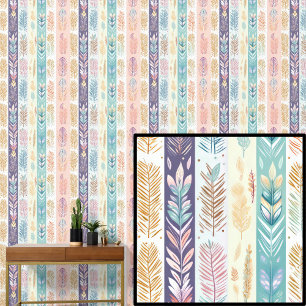 Boho Feathers Pastel Colours Striped Wallpaper
