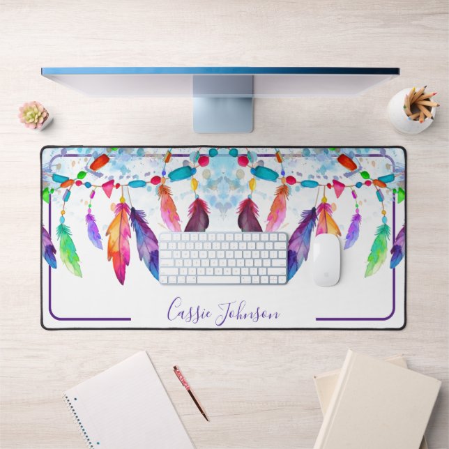 Boho feathers personalised notepad desk mat (Office 1)