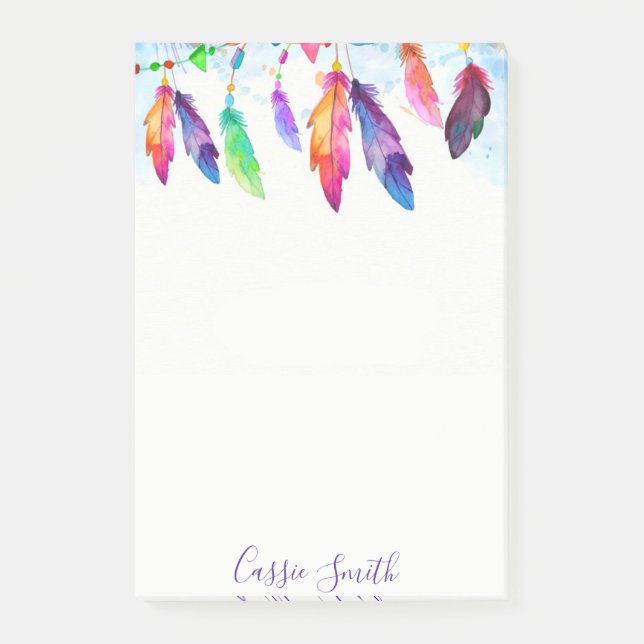 Boho feathers personalised post-it notes (Front)