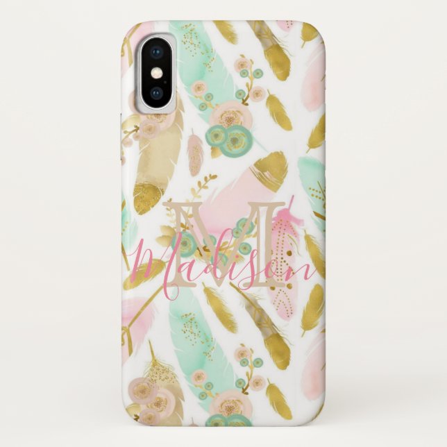 Boho Feathers Pink Blue Green Cool Initial Name Case-Mate iPhone Case (Back)