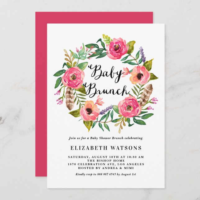 Boho Feathers Pink Floral Wreath Baby Brunch Invitation (Front/Back)